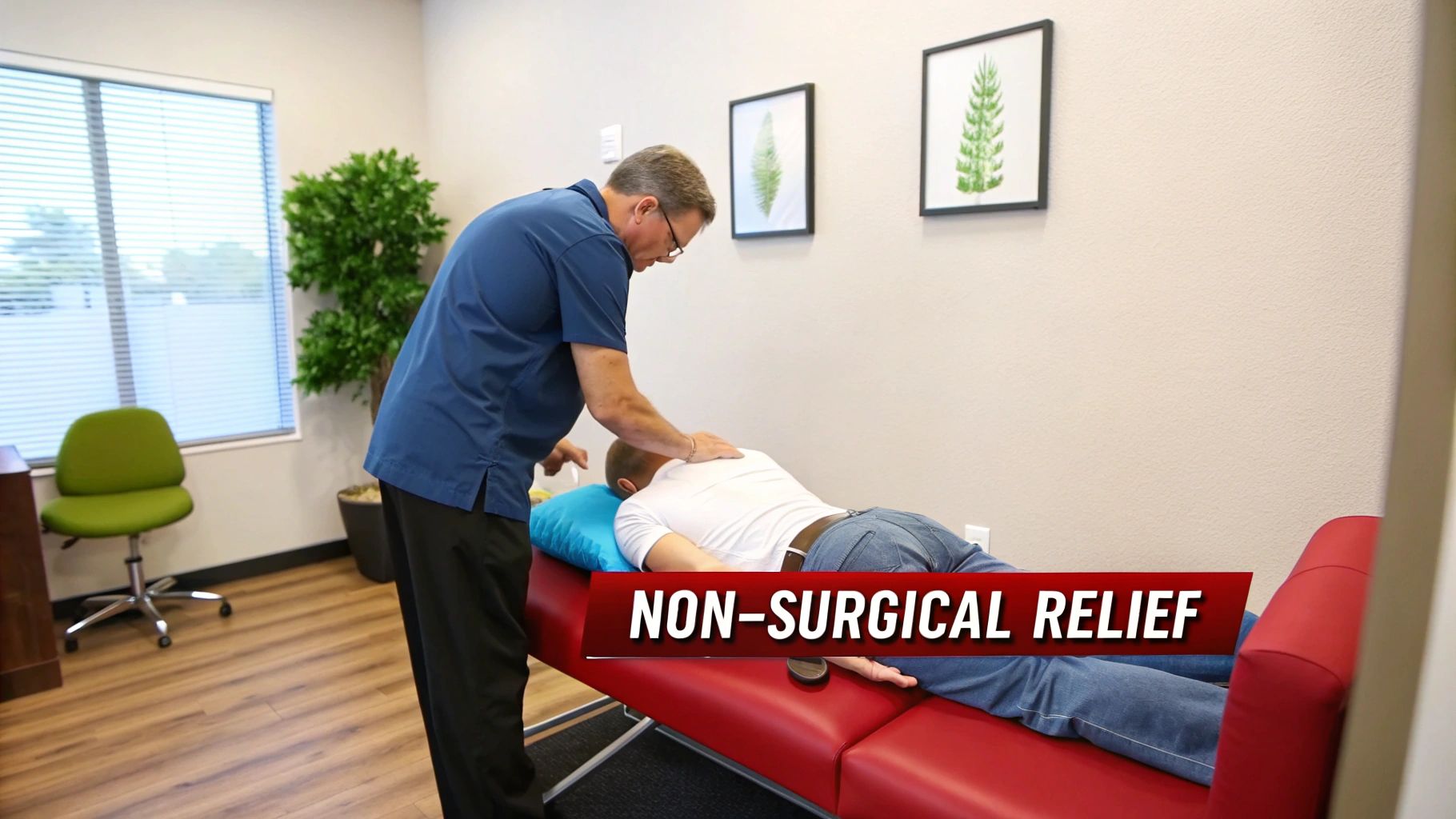 A chiropractor performs a non-surgical adjustment on a male patient's upper back in a clinic.