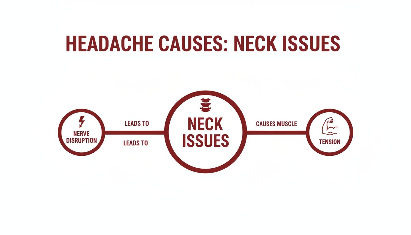 Diagram illustrating how nerve disruption leads to neck issues, which then cause muscle tension and headaches.