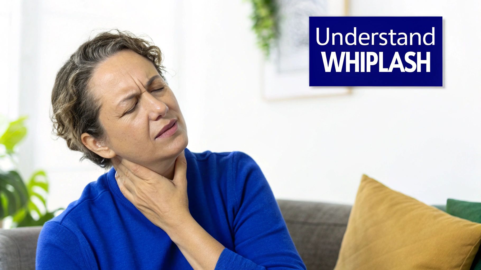 A woman grimacing in pain and holding her neck, with text 'Understand WHIPLASH'.