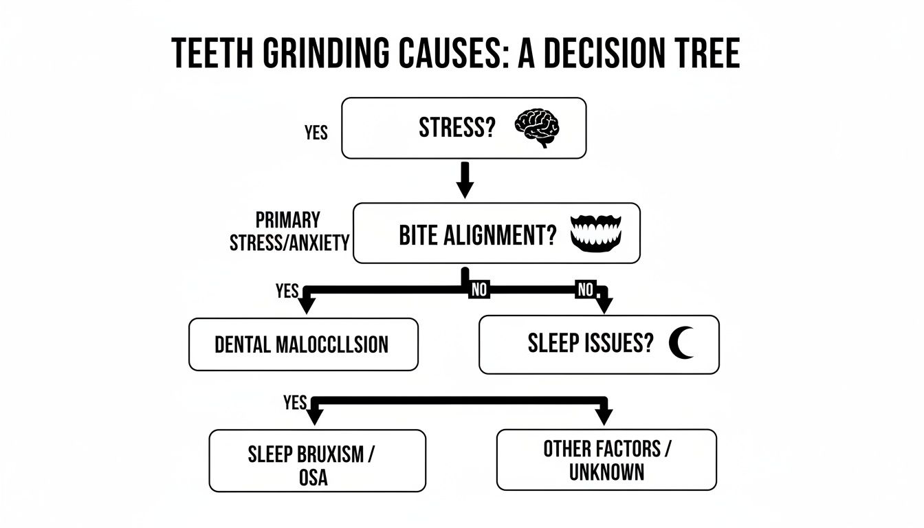 Charles E. Boren | Dentist Near Me in Bellaire, TX: How to Stop Grinding Your Teeth A decision tree diagram illustrating the causes of teeth grinding, including stress, bite alignment, and sleep issues.