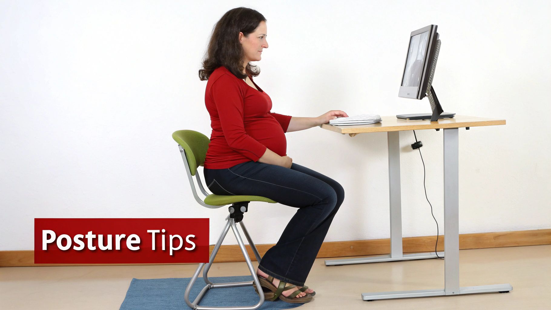 A pregnant woman sits at a desk with proper posture, using a computer.