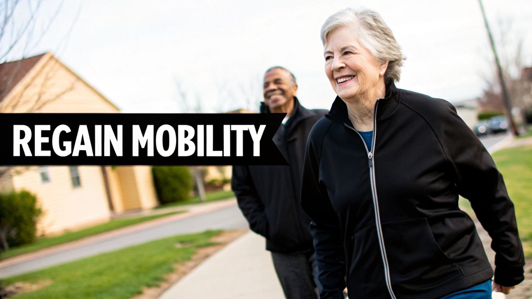 An elderly woman and man joyfully walking outdoors, embodying regained mobility and an active lifestyle.