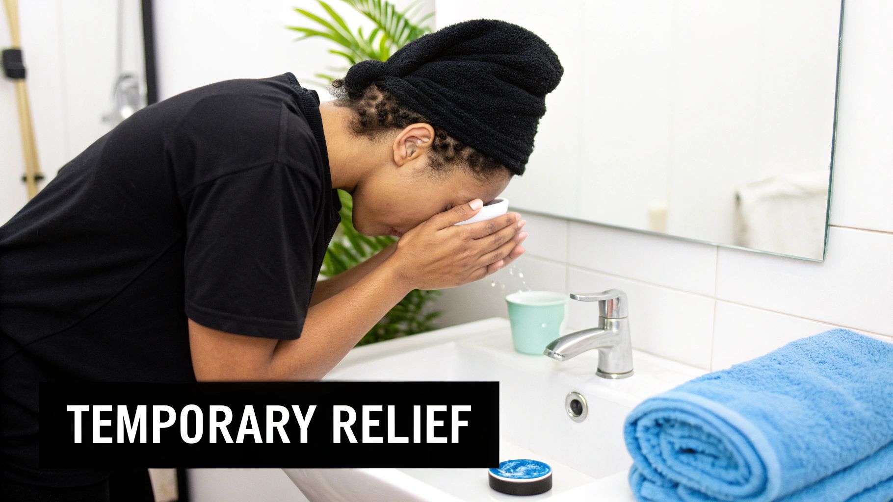 Person with a towel on their head washing their face at a bathroom sink.