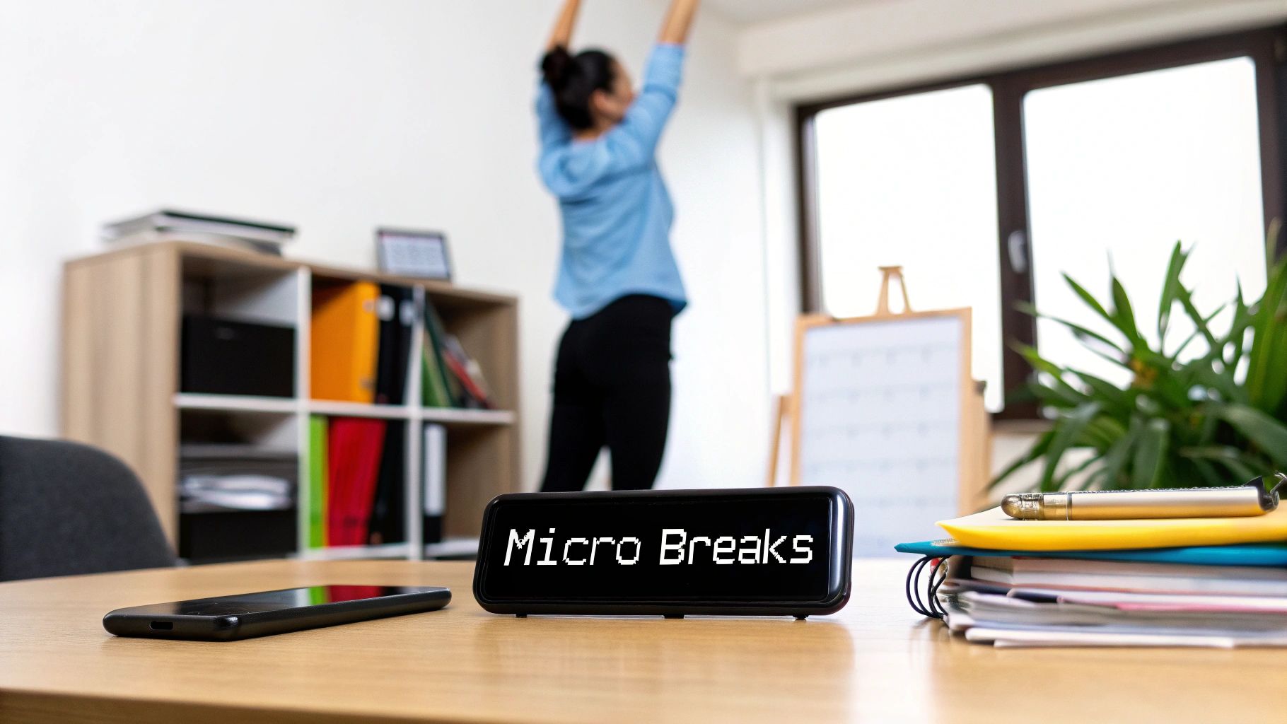 A woman stretches in a home office while a display shows 'Micro Breaks,' promoting well-being.
