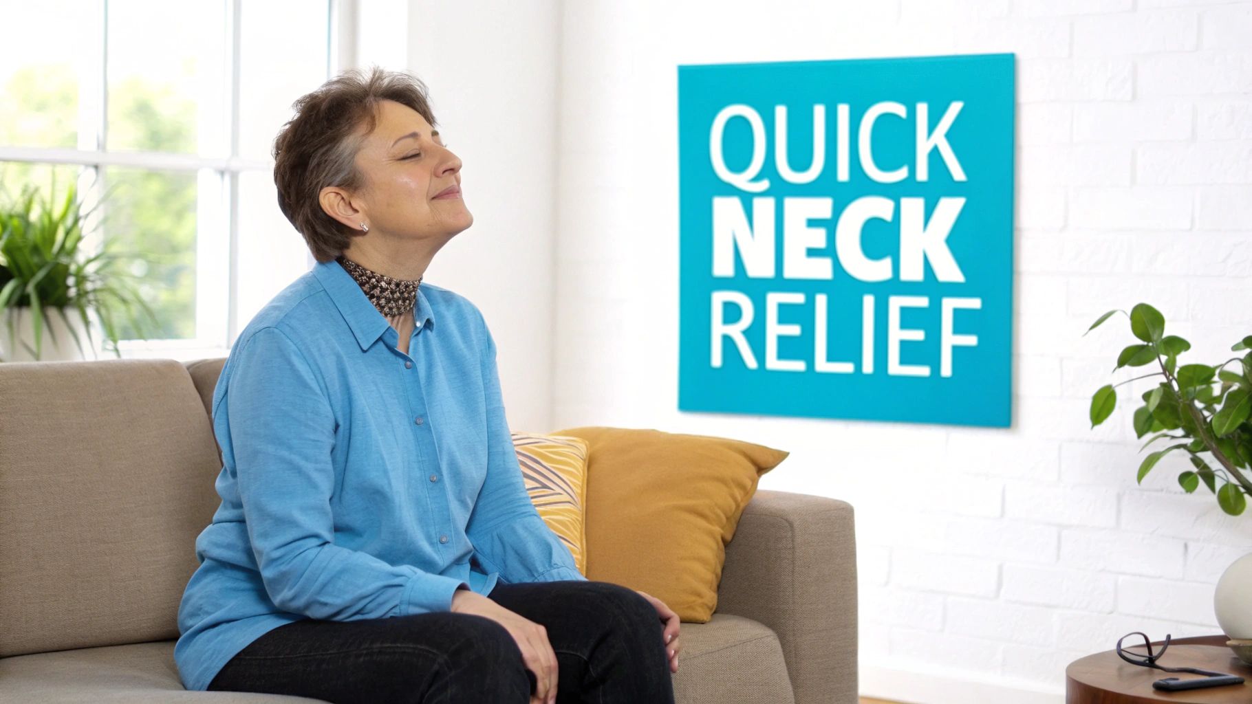 A woman relaxes on a sofa with eyes closed and head back, next to a 'Quick Neck Relief' sign.