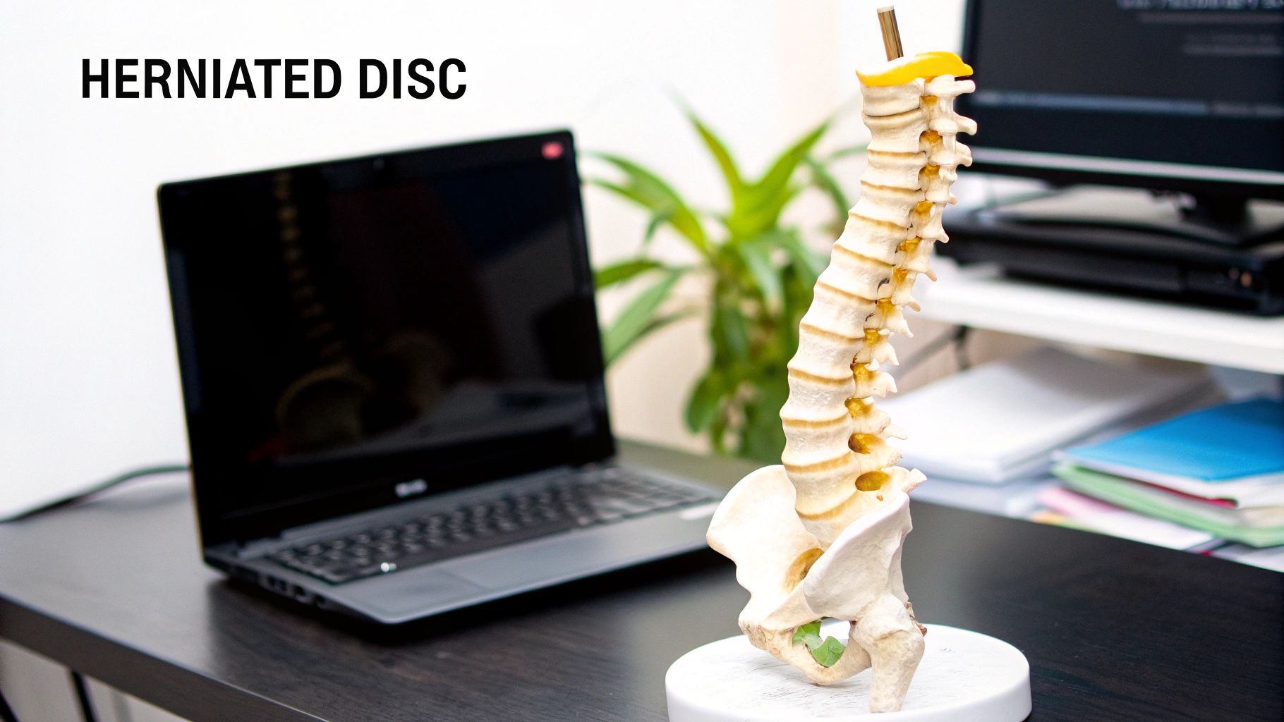 A detailed anatomical model of a human spine and pelvis, illustrating a herniated disc, on a desk next to a laptop.