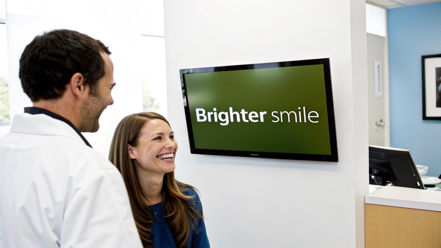 A male dentist and a female patient smiling in a modern dental office, looking at a screen displaying "Brighter smile."