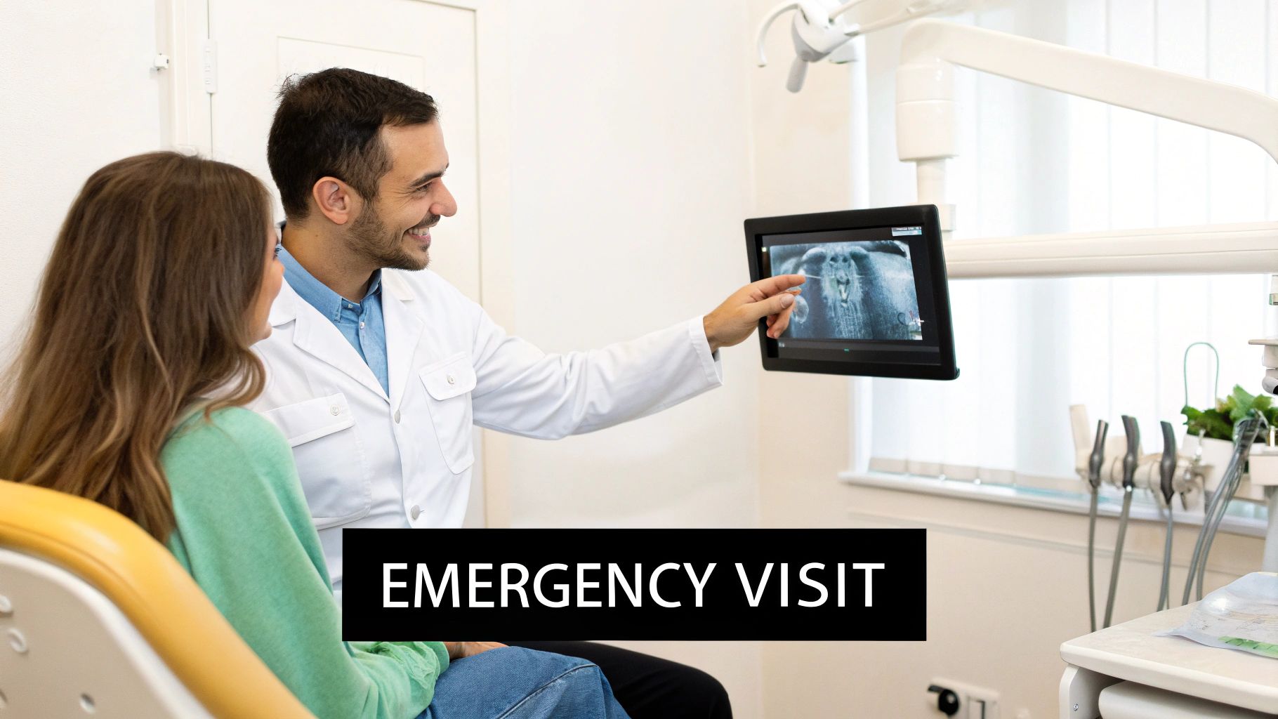 Smiling dentist shows a tooth X-ray on a screen to a female patient during an emergency dental visit.
