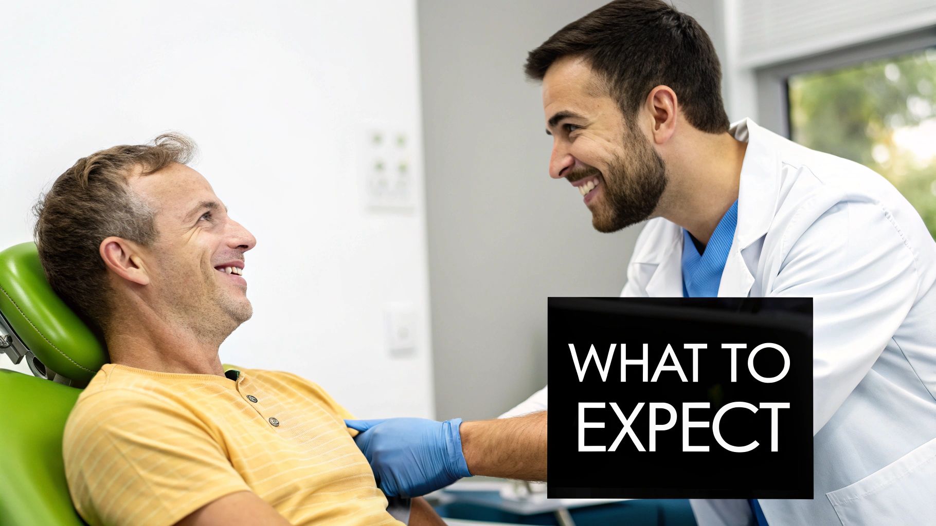 Smiling male patient in a dental chair looking at a smiling male dentist during a consultation.