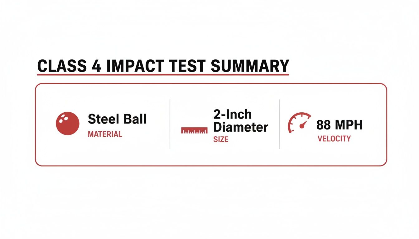 Class 4 impact test summary showing a steel ball material, 2-inch diameter, and 88 MPH velocity.
