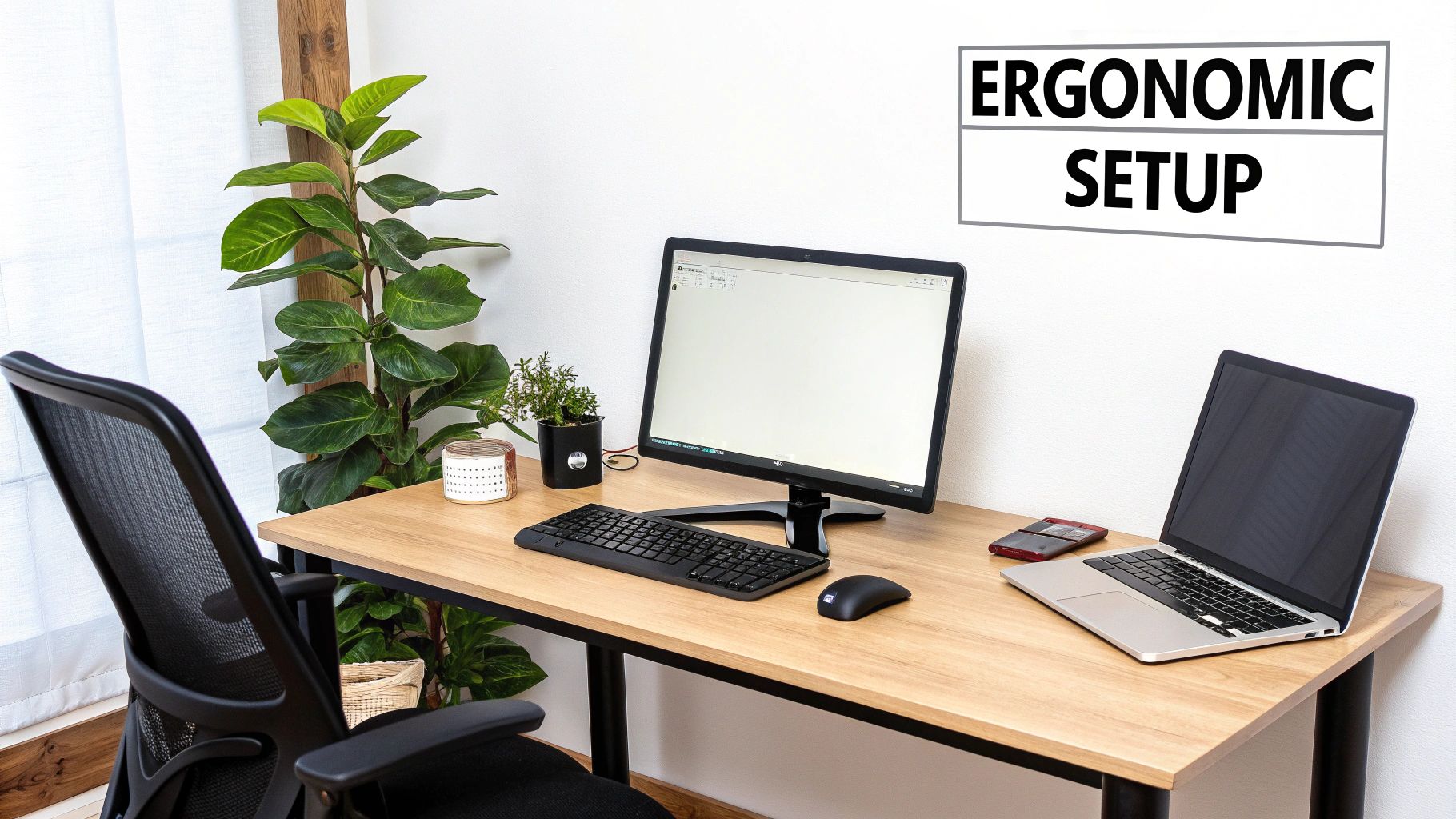 An ergonomic home office setup featuring a computer, laptop, and office chair with plants.