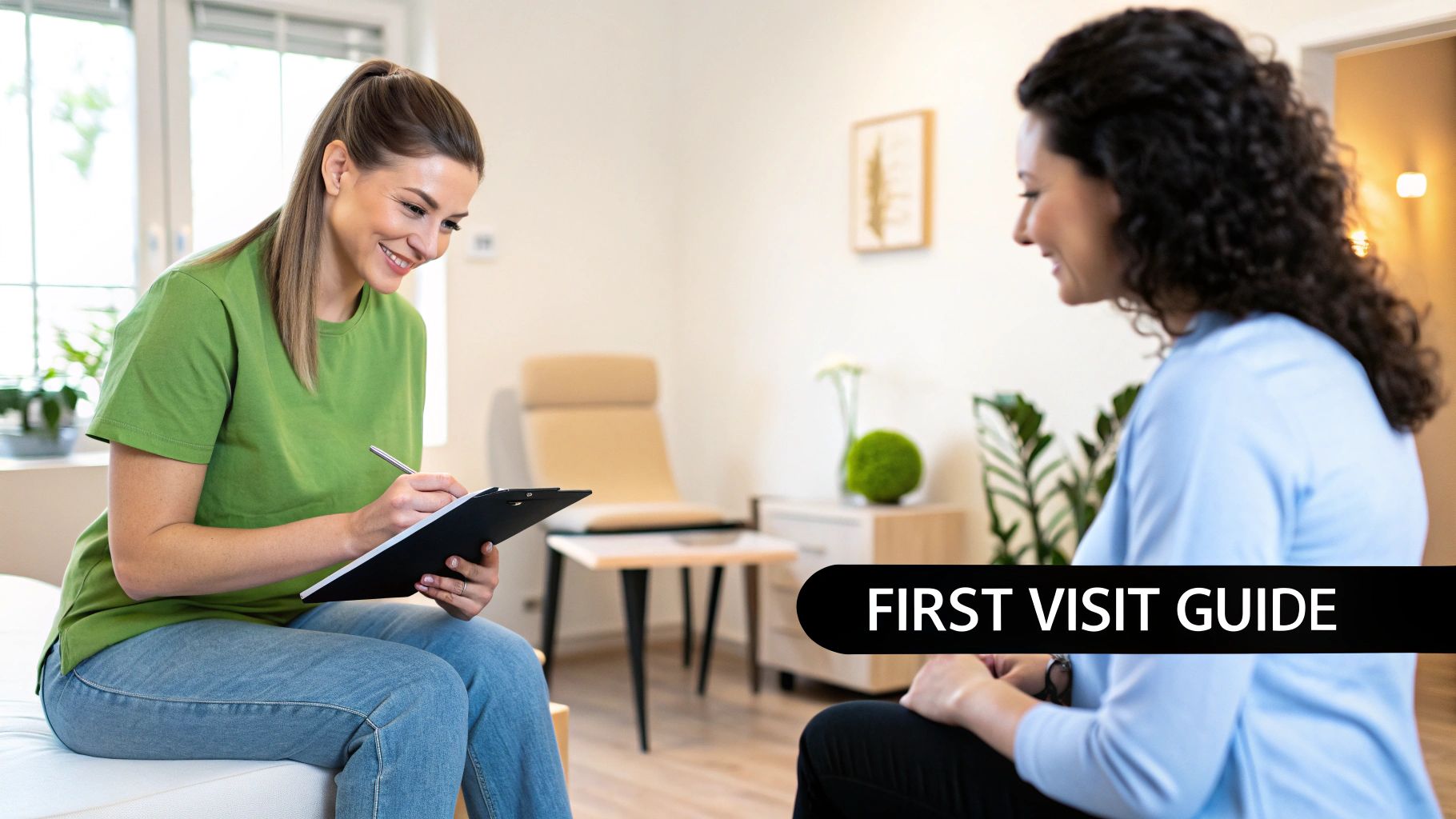 A smiling chiropractor takes notes on a clipboard during a patient's first visit consultation.