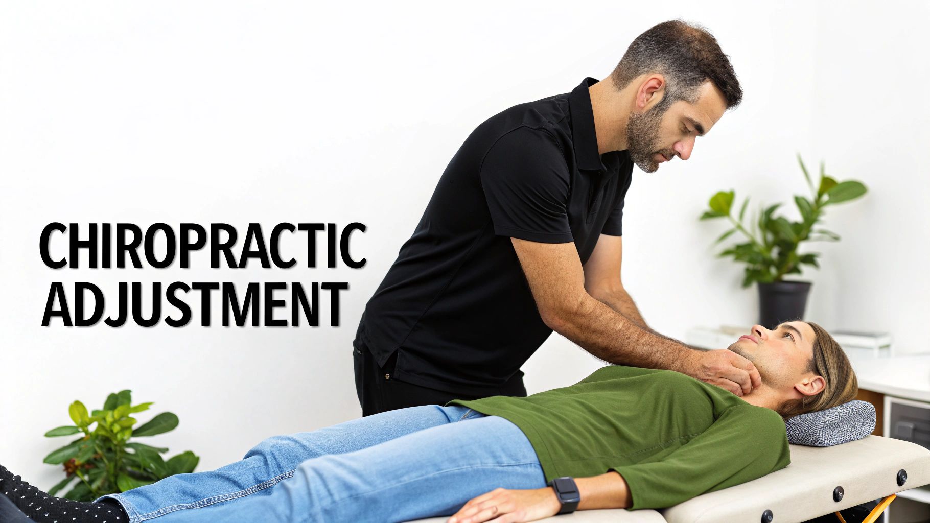 A chiropractor adjusts a male patient's neck on a treatment table during a chiropractic session.