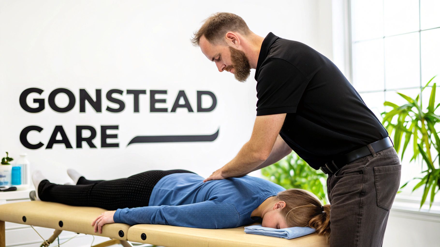 A male chiropractor performs a back adjustment on a female patient at Gonstead Care.