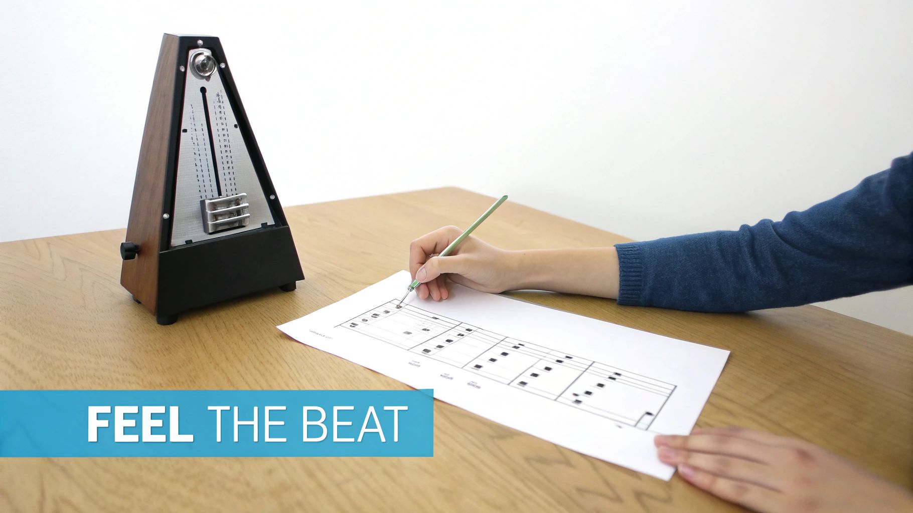 A person's hand writes music notes on a sheet of paper next to a metronome on a wooden table.