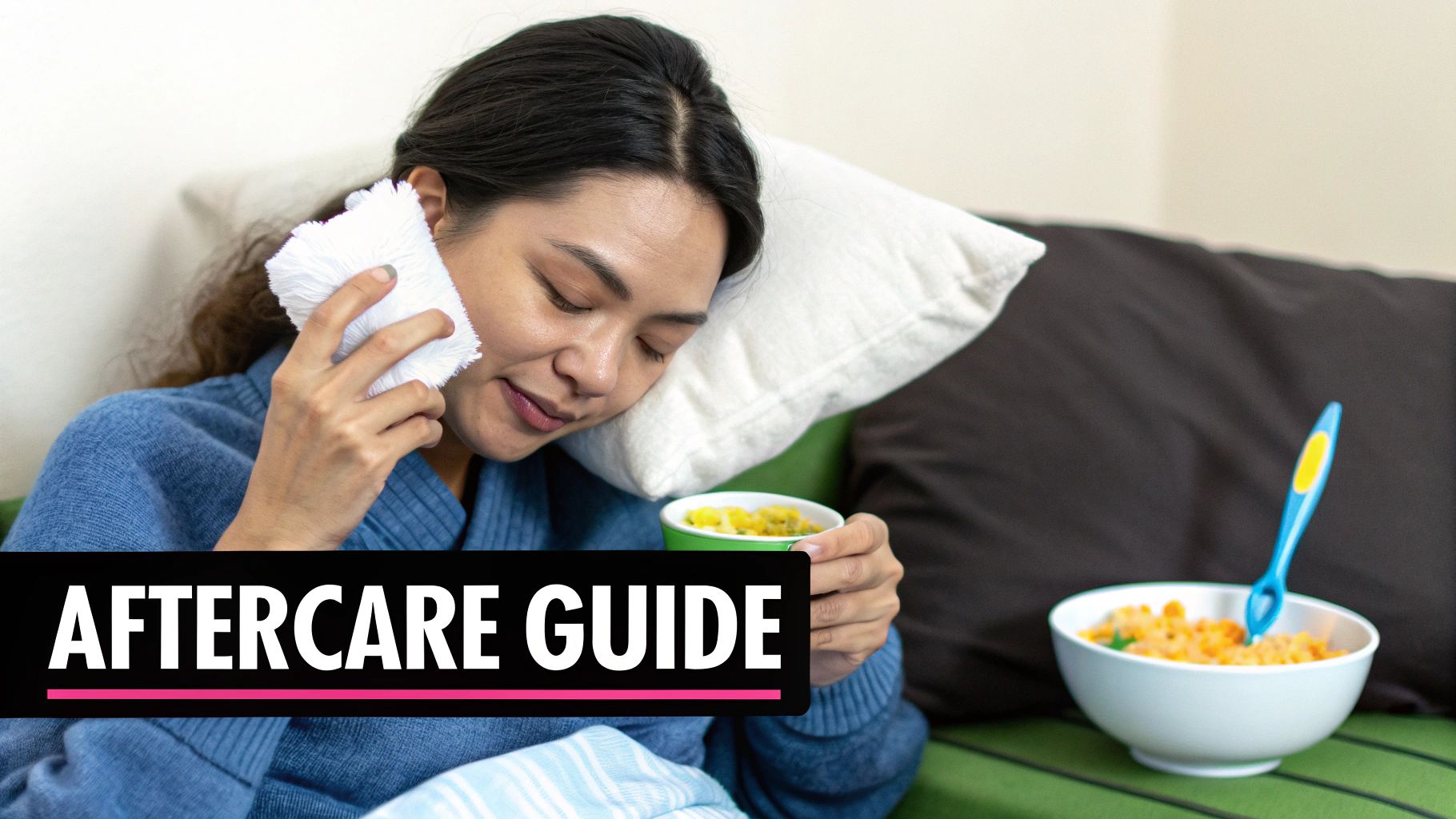 A woman applies a cold compress to her cheek, resting on a pillow while eating soft food, illustrating aftercare.