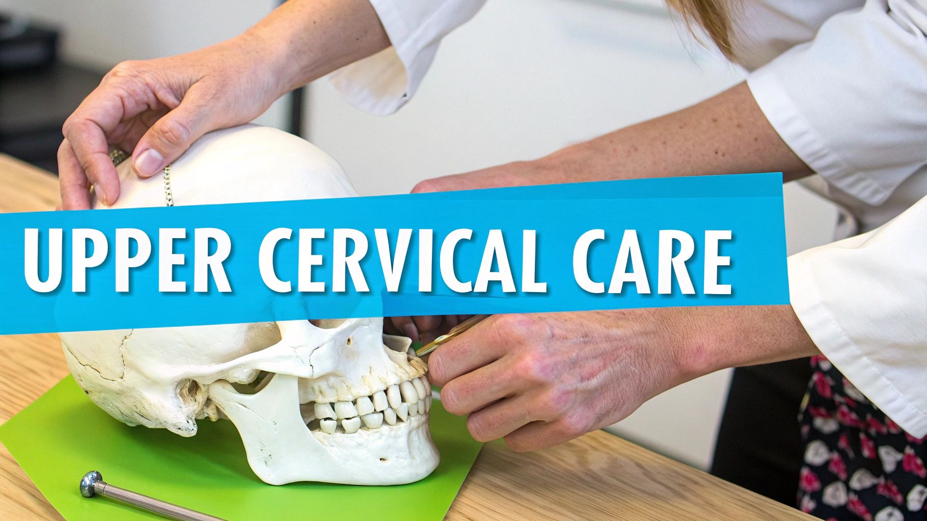 Two hands demonstrate upper cervical care on a skull model, featuring prominent text overlay.
