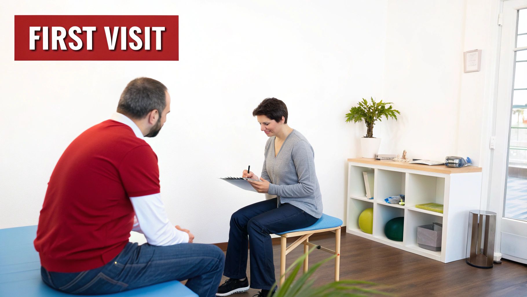 A man and a woman during a first visit consultation in a bright medical office.