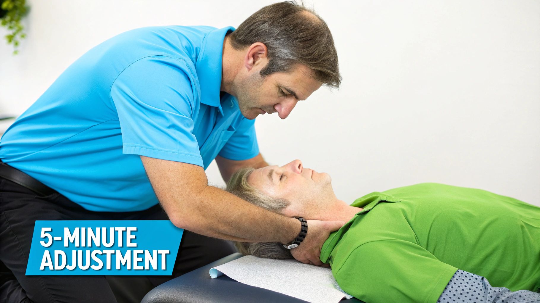 A chiropractor in a blue shirt performs a neck adjustment on a patient lying on a table, with text "5-MINUTE ADJUSTMENT".