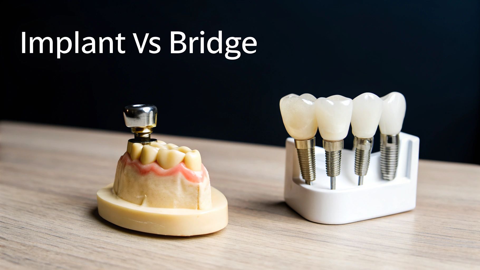 Side-by-side dental models illustrating the differences between a dental implant and a dental bridge.