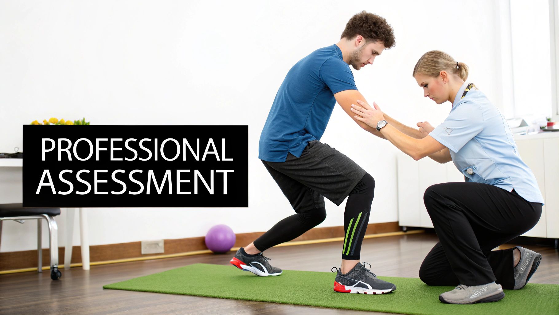 A male athlete receives a professional assessment from a female physical therapist on an exercise mat.