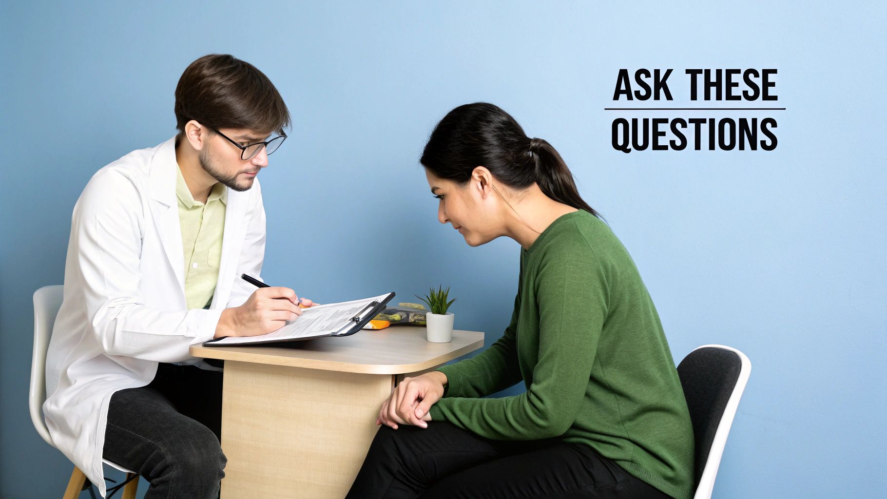 A male doctor in a white coat talks to a female patient during a medical consultation.