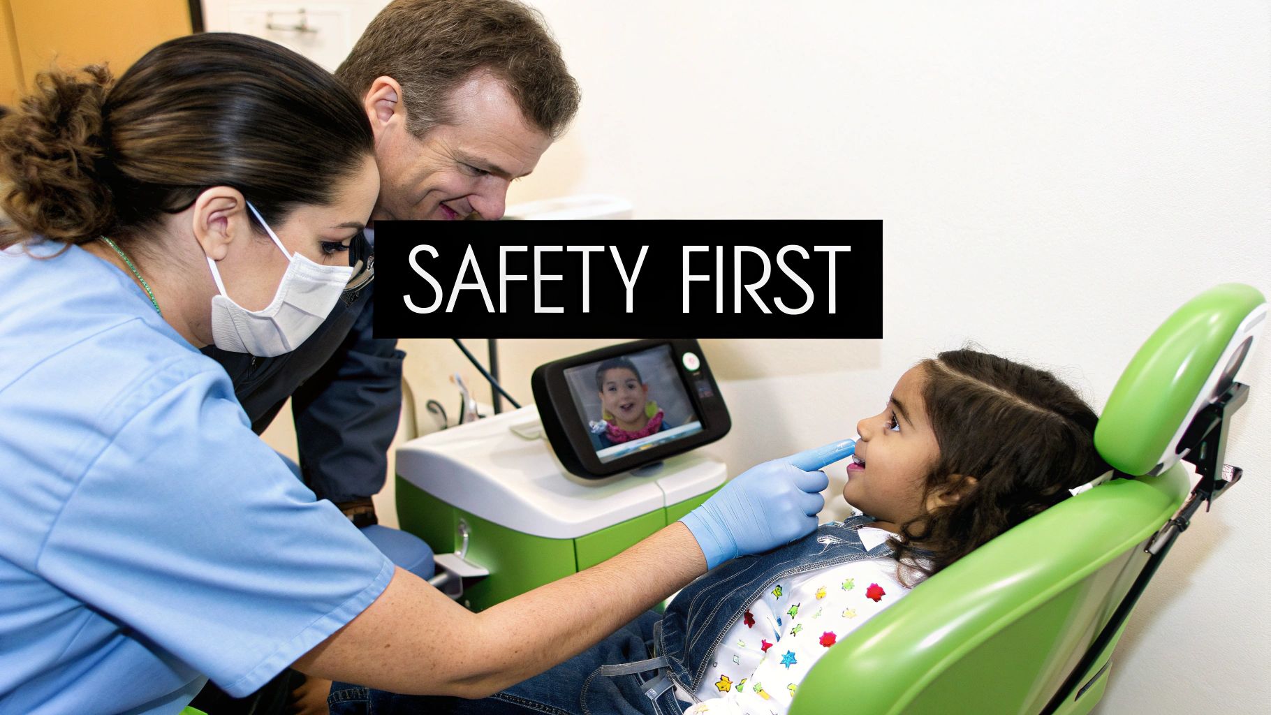 A masked dentist in gloves examines a young child's teeth in a green dental chair, observed by an adult.