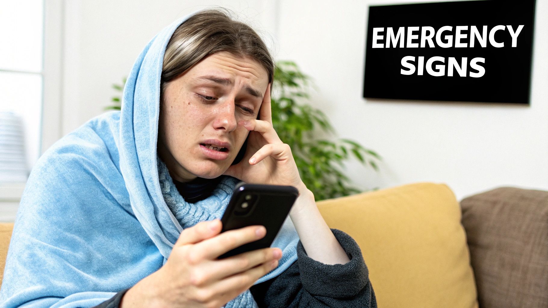 Distressed person wrapped in a blue blanket checking their phone, with 'EMERGENCY SIGNS' on a board.