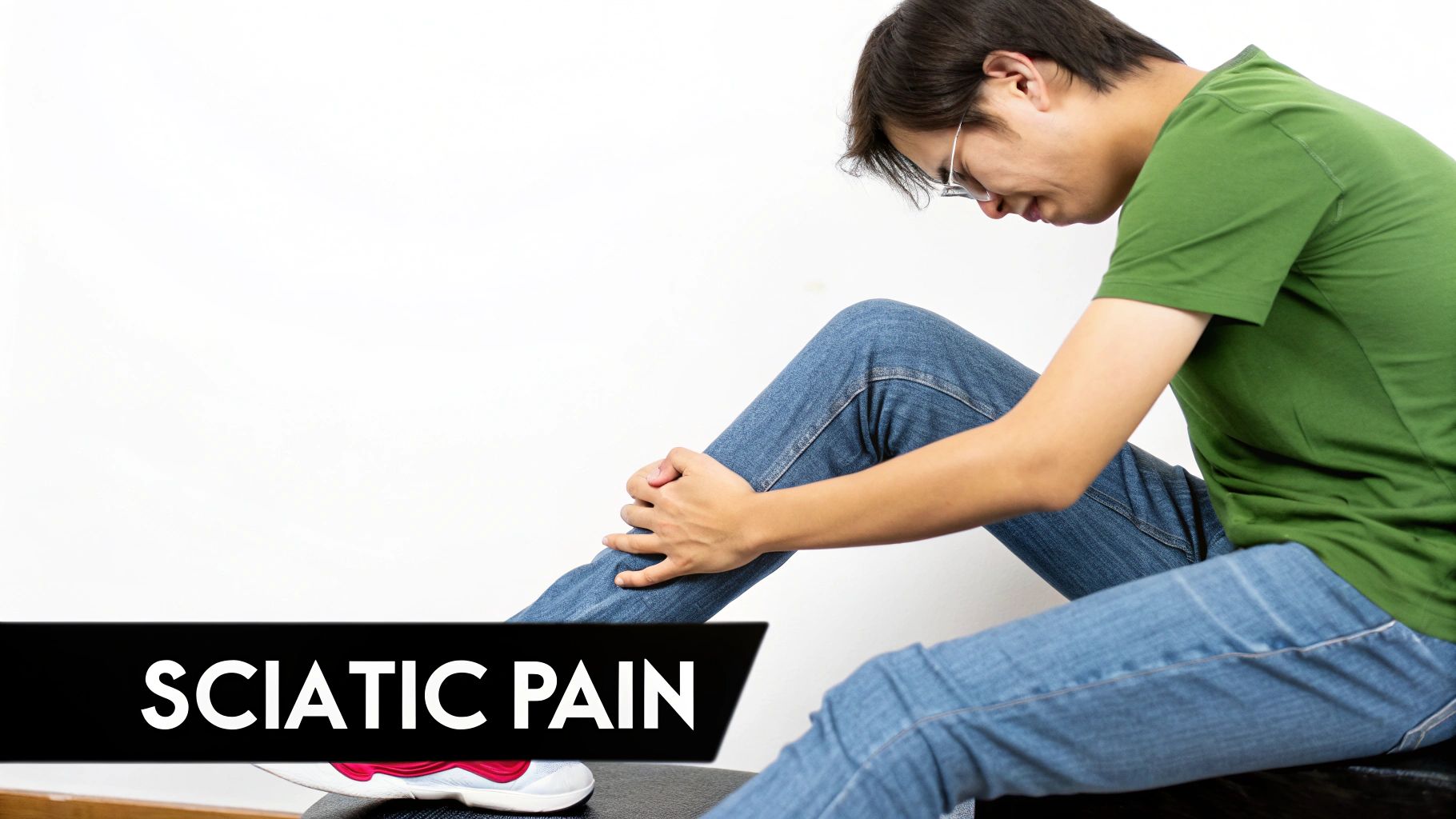 A person in a green shirt and jeans holding their leg due to sciatic pain against a white background.