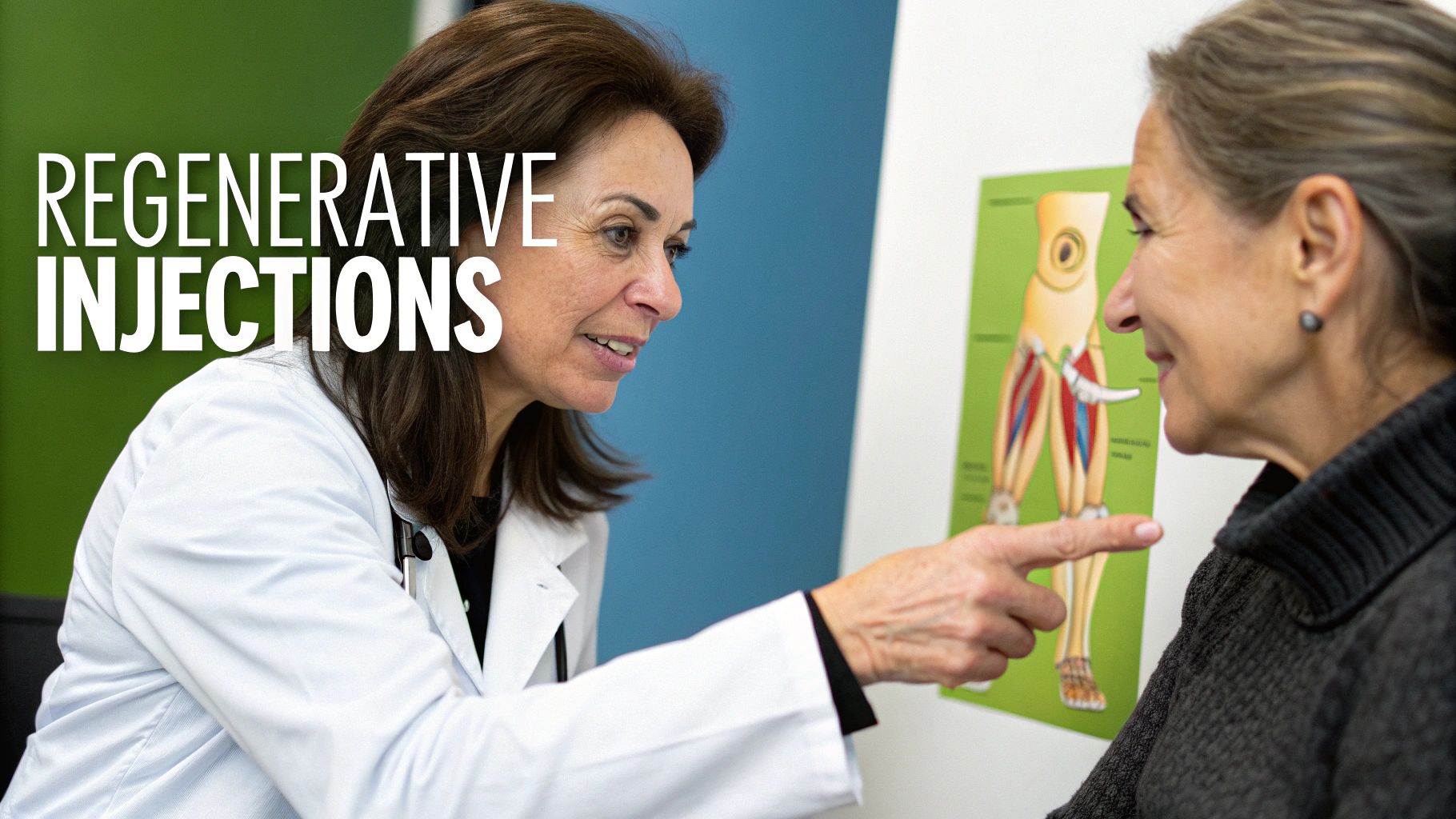 A female doctor explains regenerative injections to a patient using a diagram of a knee.