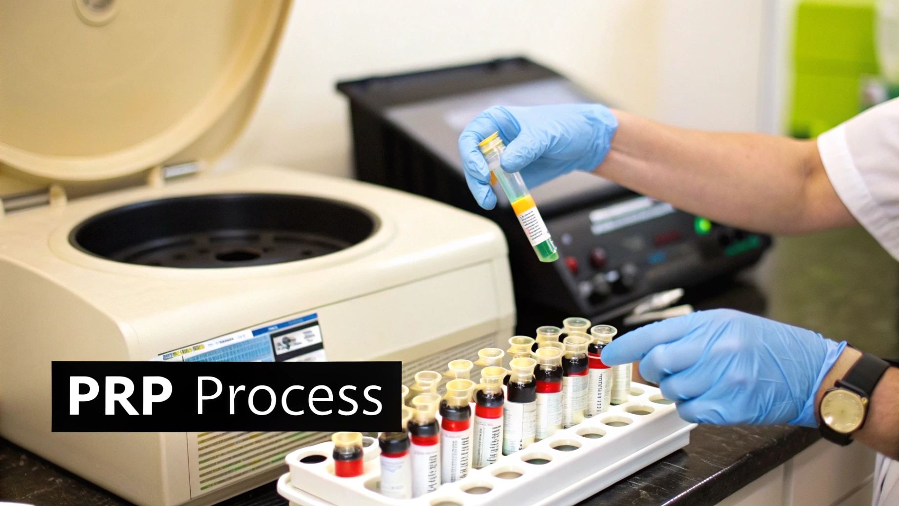 A gloved hand holds a test tube with separated blood layers next to a centrifuge, illustrating PRP preparation.