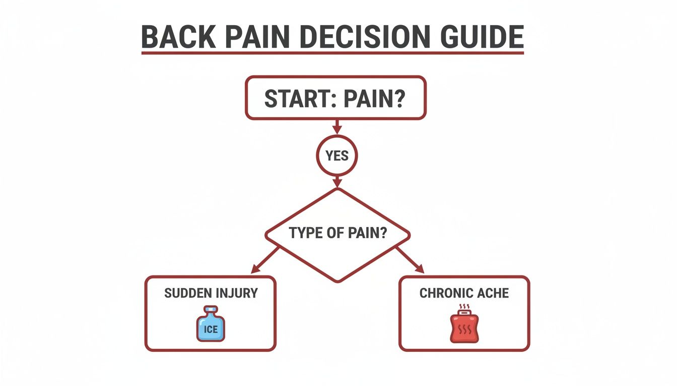 A back pain decision guide flowchart, recommending ice for sudden injuries and heat for chronic aches.