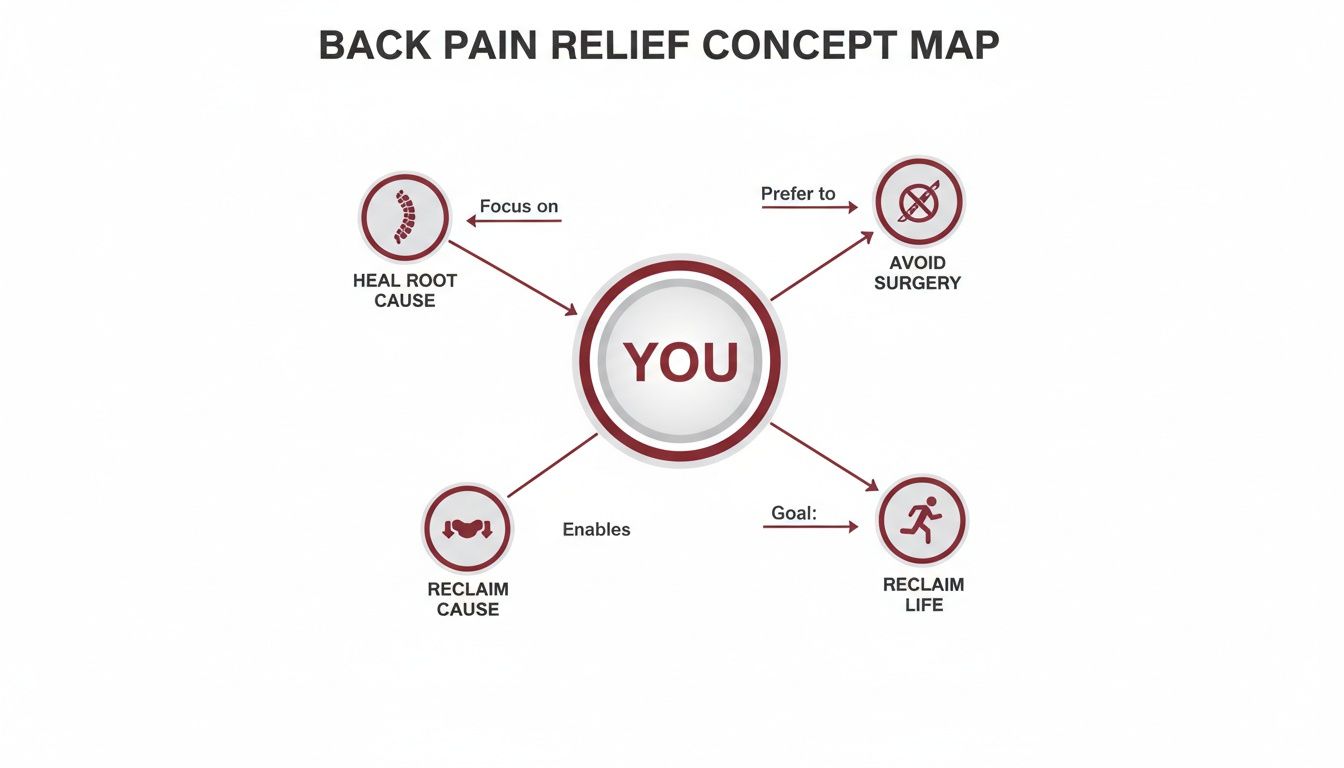 A back pain relief concept map centered on 'YOU,' showing connections to heal root cause, avoid surgery, reclaim cause, and reclaim life.