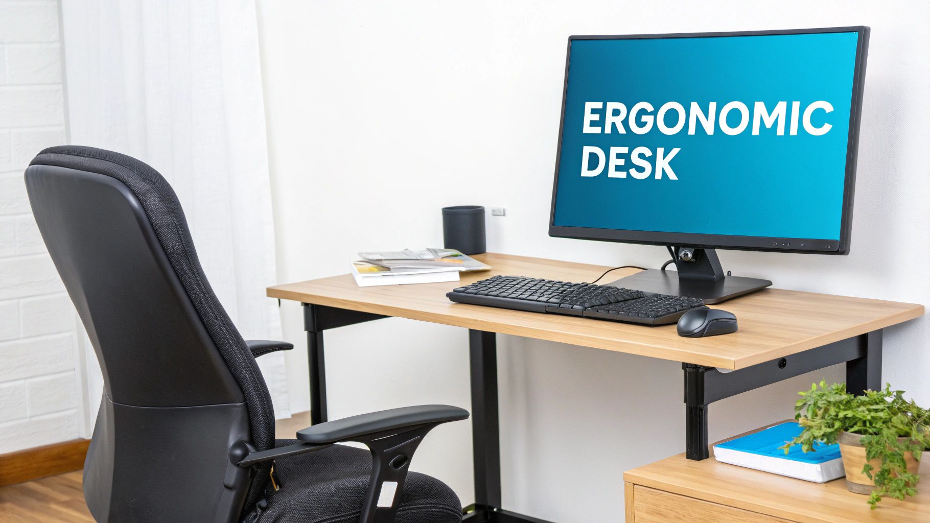 An ergonomic office setup featuring a black chair, wooden desk, computer monitor displaying 'Ergonomic Desk', keyboard, and mouse.