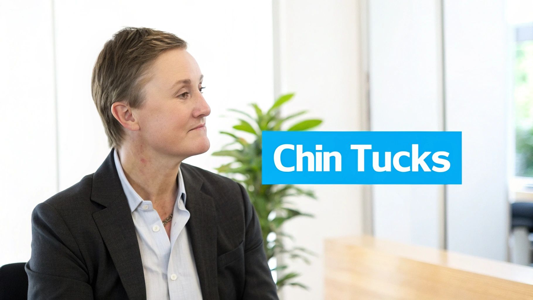Side profile of a person in a suit, with short hair, looking right, with 'Chin Tucks' overlay.
