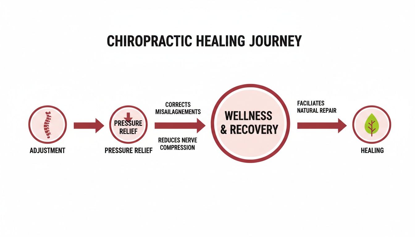Flowchart illustrating the chiropractic healing journey from adjustment and pressure relief to wellness, recovery, and natural healing.