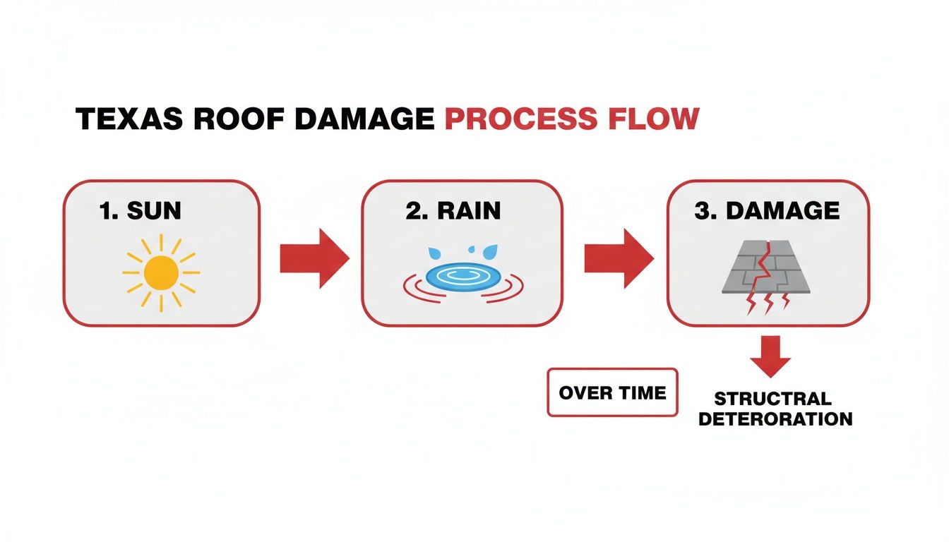A flowchart illustrates the Texas roof damage process: sun, then rain, leads to roof damage and structural deterioration over time.