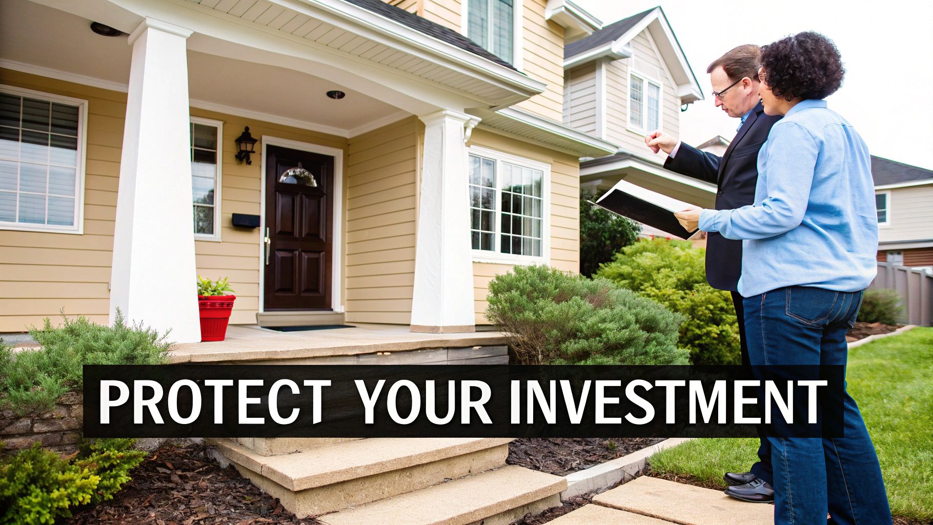 A real estate agent points at a house while discussing details with a client, with 'Protect Your Investment' text.