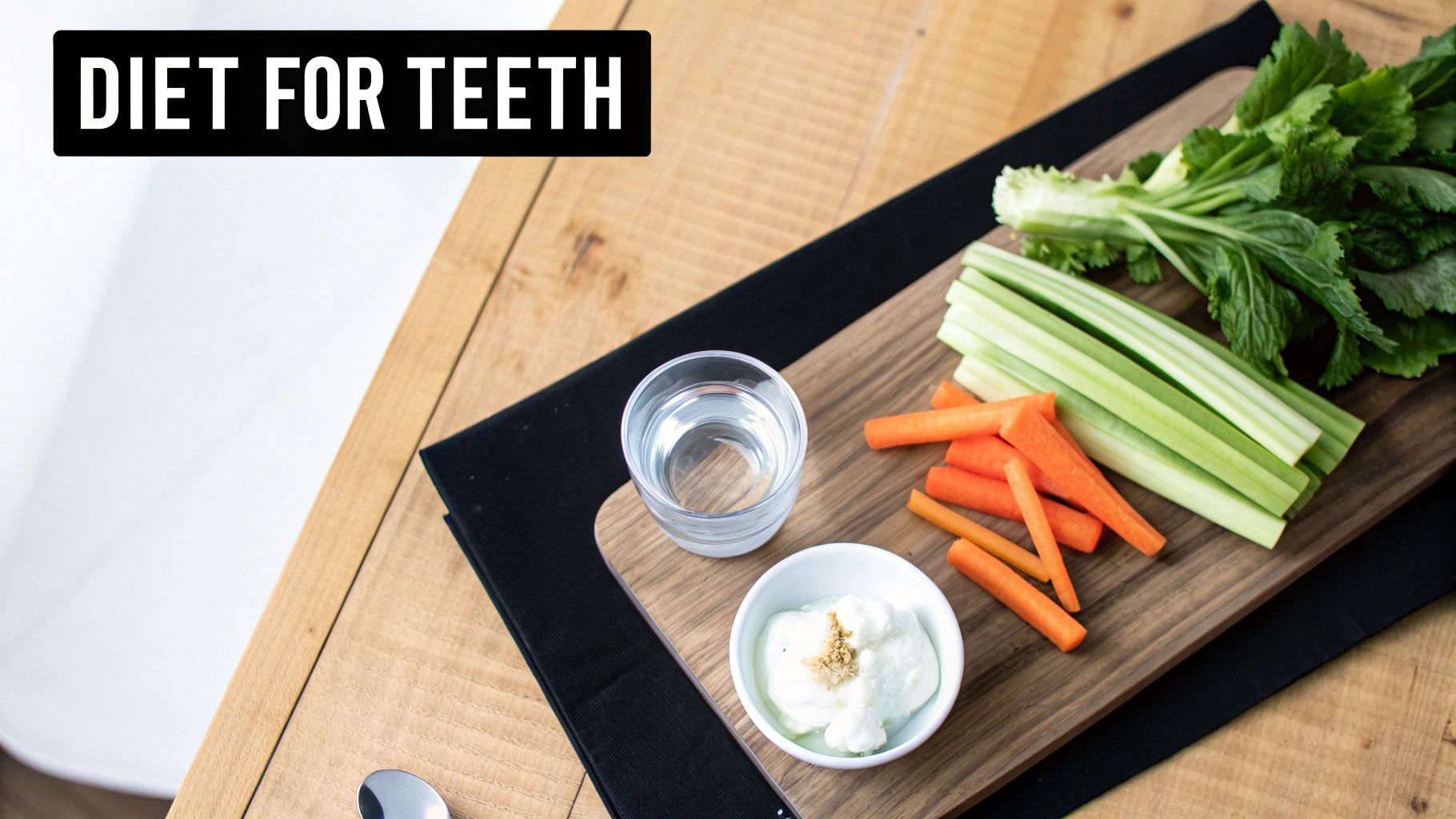A top-down view of a wooden board with carrots, celery, water, and dip, promoting healthy teeth.