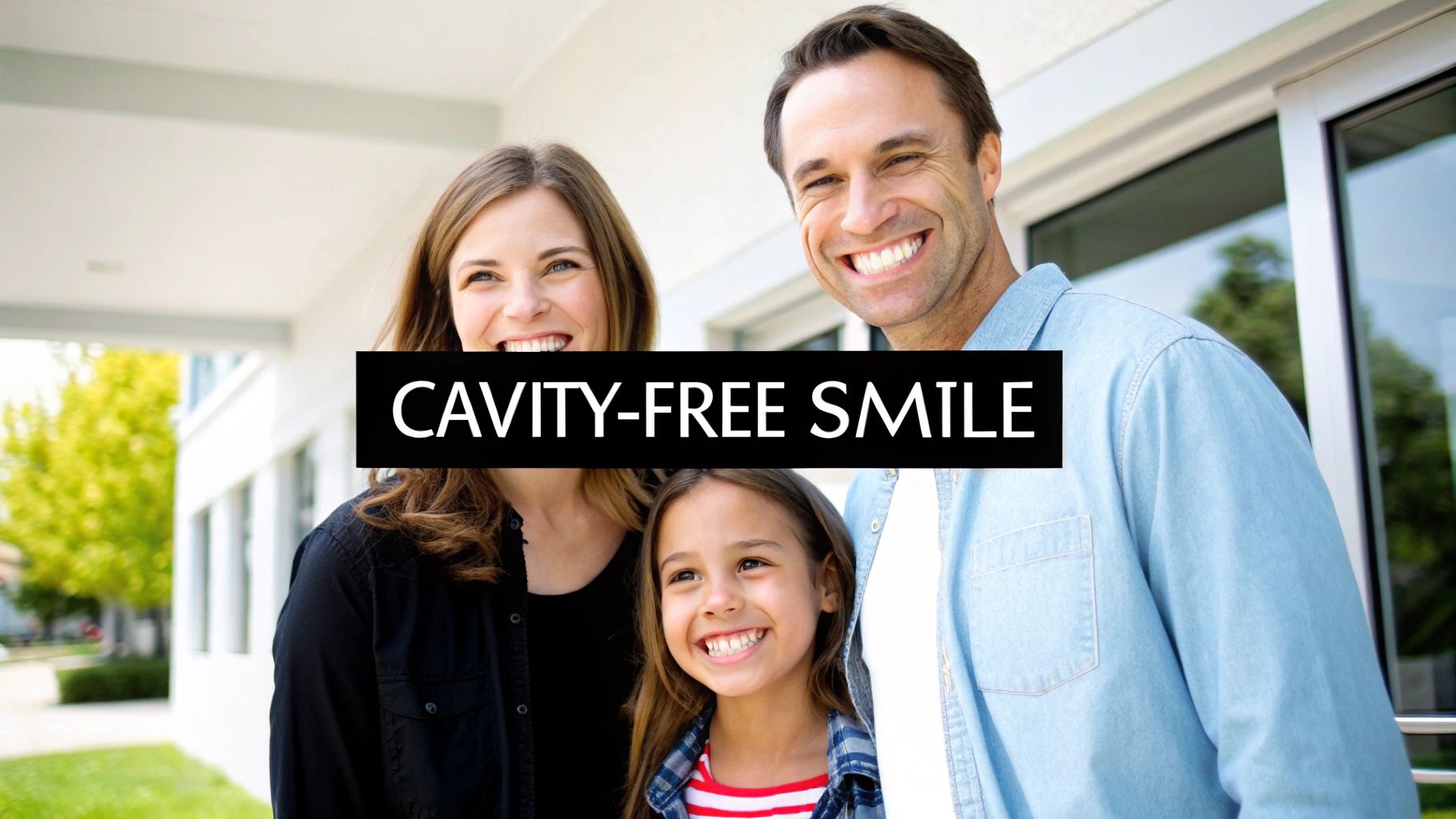 A happy family of three, a man, a woman, and a young girl, smiling brightly outdoors with the text "CAVITY-FREE SMILE" overlaid.