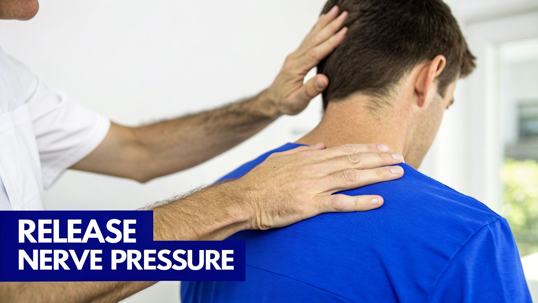 A therapist performs a chiropractic adjustment on a patient's neck and upper back to release nerve pressure.