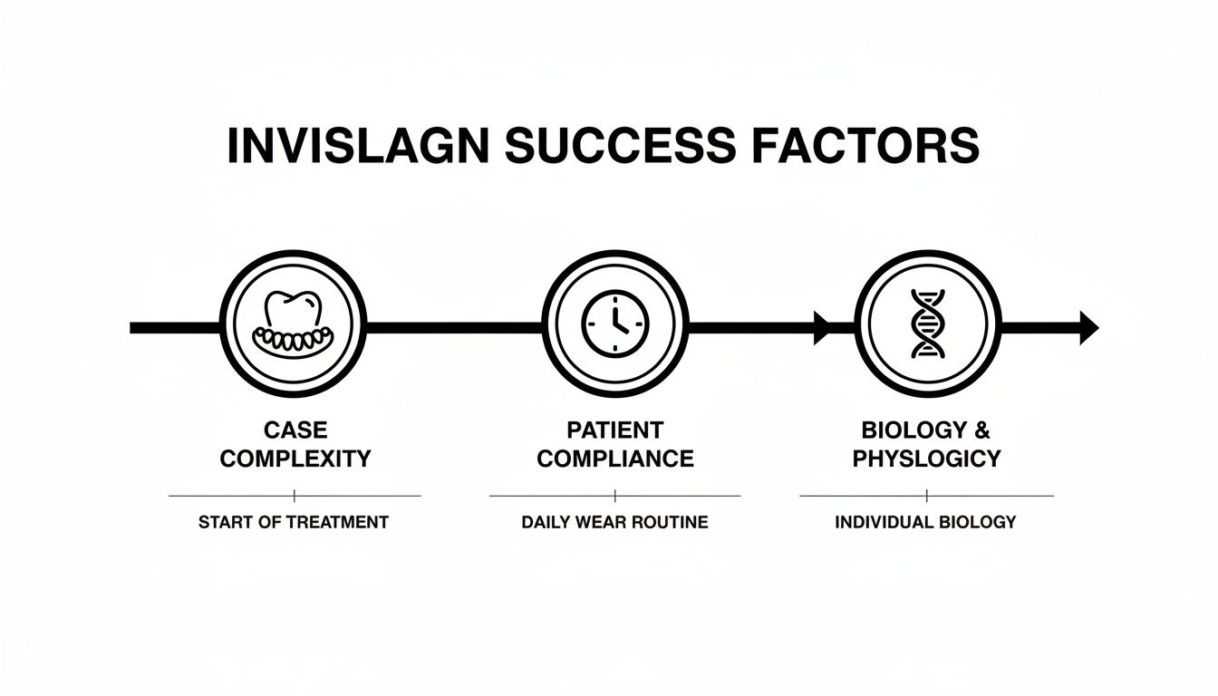 Diagram showing three Invisalign success factors: case complexity, patient compliance, and biology.