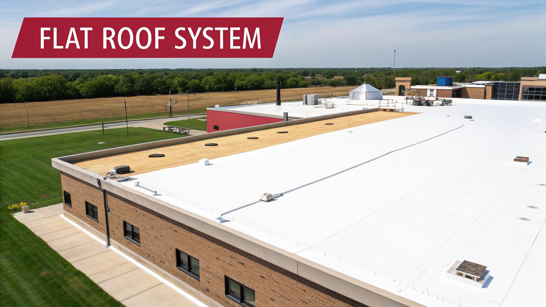 Aerial view of a large commercial building with a new white flat roof system under construction.
