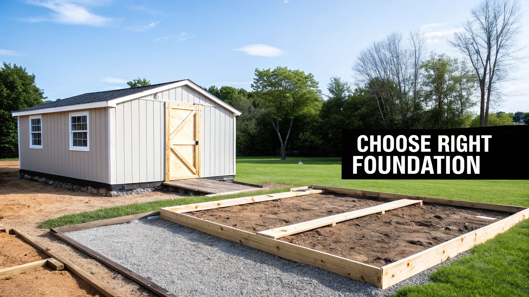 A new backyard shed with a wooden door and raised garden beds, highlighting foundation choices.