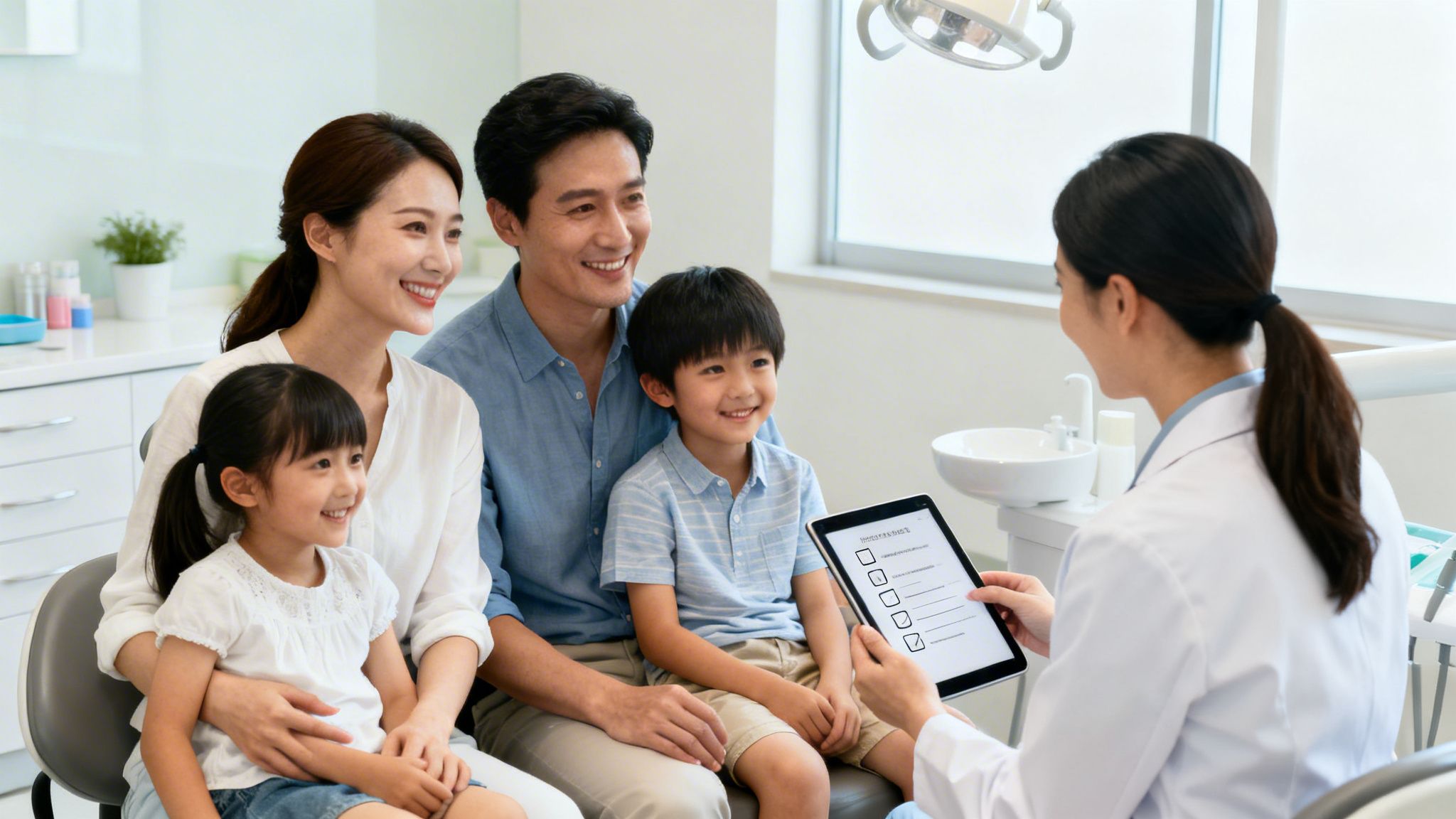 A smiling Asian family with two children consults a female dentist holding a tablet in a bright clinic.