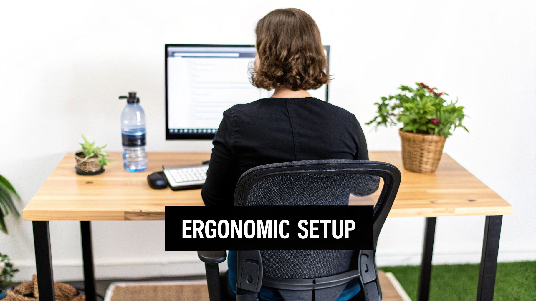 Rear view of a person working at an ergonomic desk setup with a computer, chair, plants, and water bottle.
