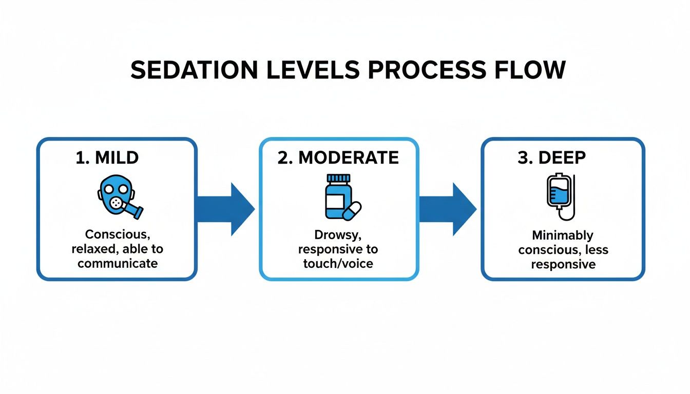 A process flow diagram illustrating three levels of sedation: mild, moderate, and deep with descriptions.