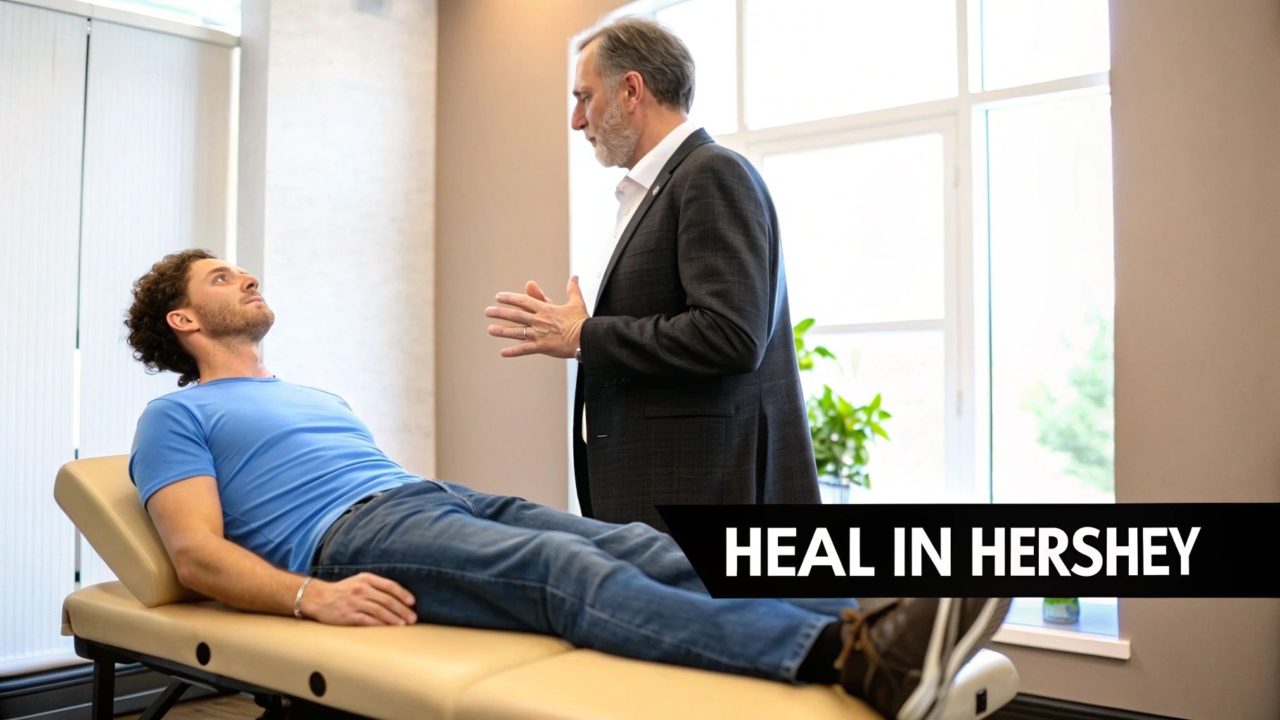 Hershey Family Chiropractic | Your Guide to Muscle Strain Treatment in Hershey, PA A man lies on an exam table, looking up, while a male doctor explains a procedure.