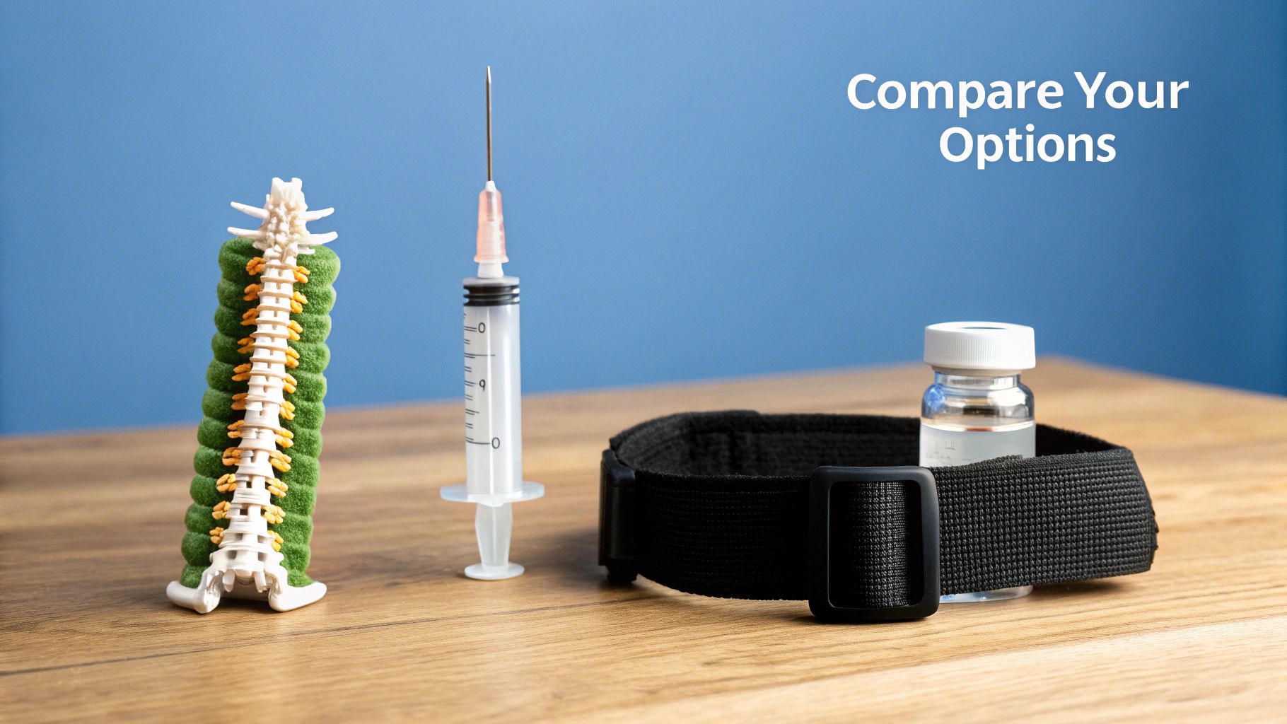 A model of a human spine, a syringe, a medical vial, and a black tourniquet on a wooden table, suggesting various treatment options.