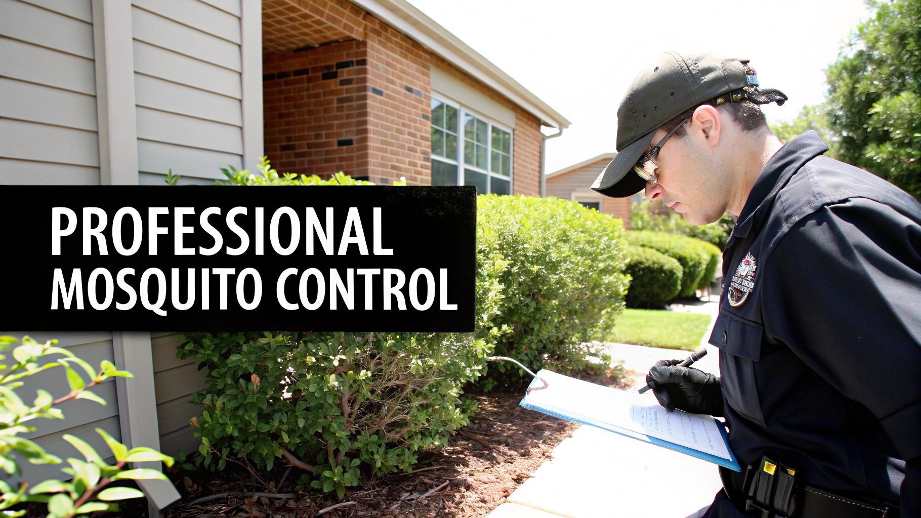 A professional mosquito control technician in uniform writes on a clipboard, next to a “Professional Mosquito Control” sign.